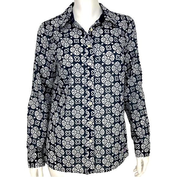 Talbots Tops - Talbots Womens Small Shirt Navy Blue White Medallion Print Button Down Cotton X